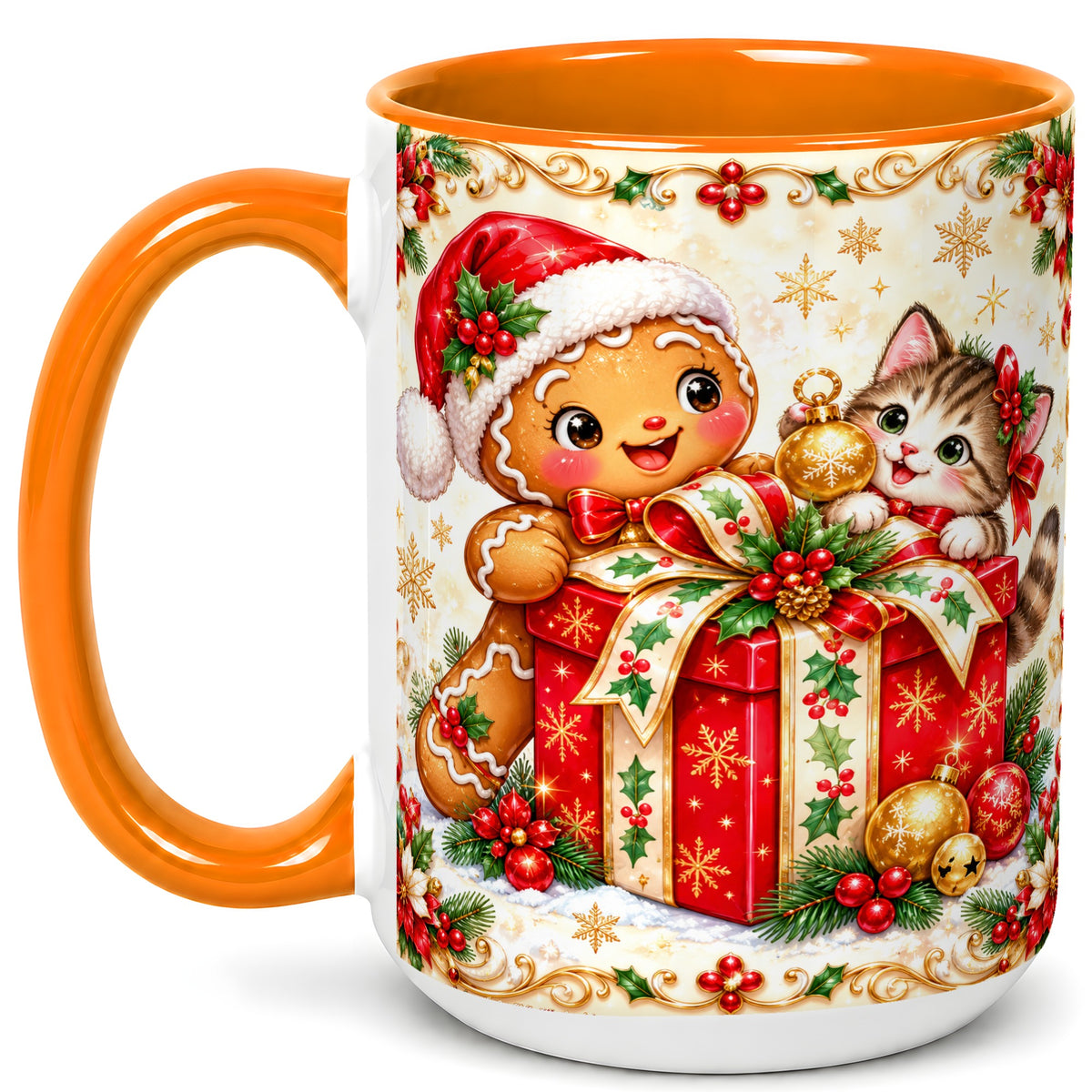 #pl[15oz|Orange] Gingerbread Cat Christmas Coffee Mug, Holiday Friends Mug, Ceramic Cup