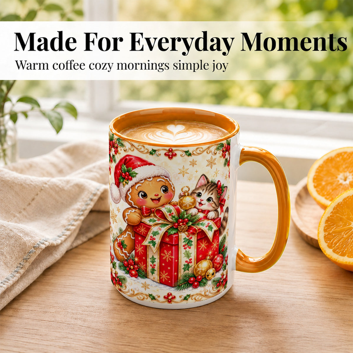 #pl[15oz|Orange] Gingerbread Cat Christmas Coffee Mug, Holiday Friends Mug, Ceramic Cup