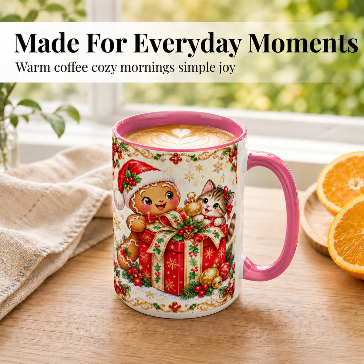 #pl[15oz|Pink] Gingerbread Cat Christmas Coffee Mug, Holiday Friends Mug, Ceramic Cup