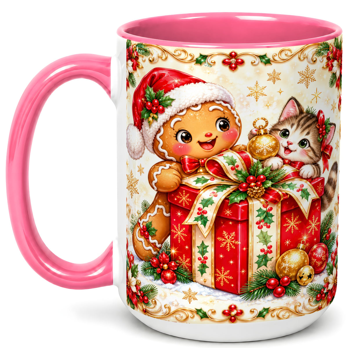 #pl[15oz|Pink] Gingerbread Cat Christmas Coffee Mug, Holiday Friends Mug, Ceramic Cup