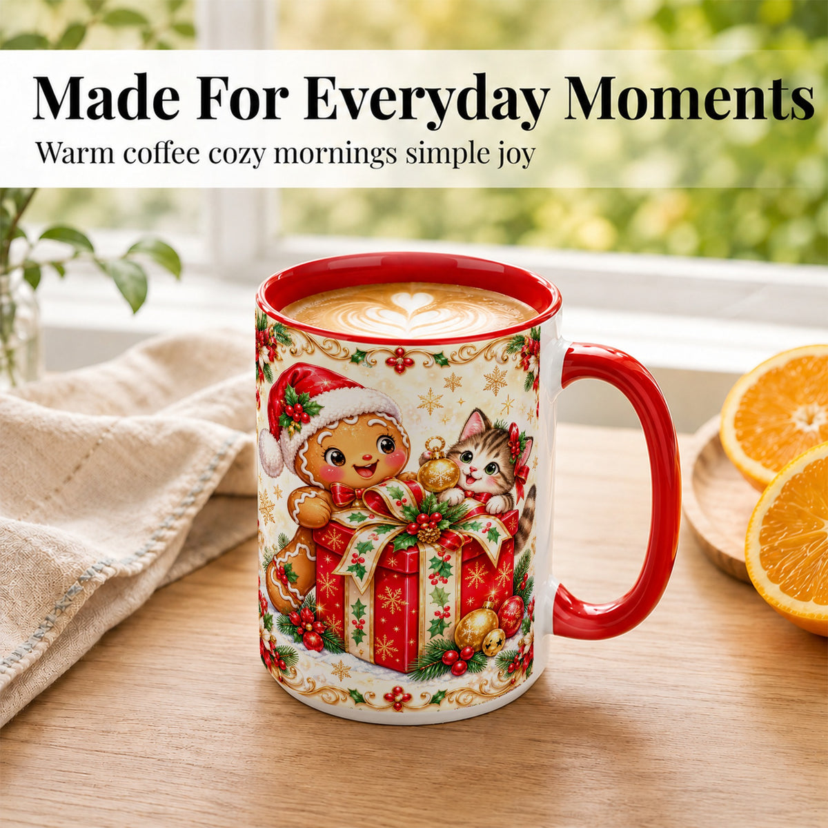 #pl[15oz|Red] Gingerbread Cat Christmas Coffee Mug, Holiday Friends Mug, Ceramic Cup