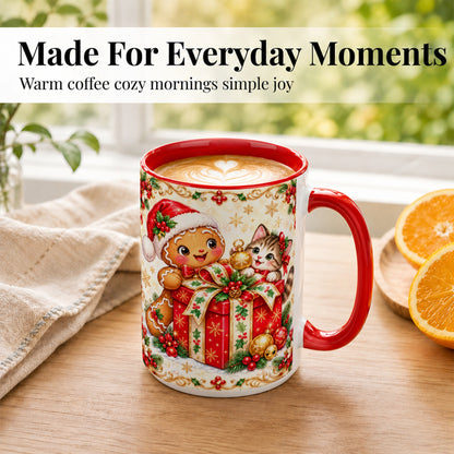 #pl[15oz|Red] Gingerbread Cat Christmas Coffee Mug, Holiday Friends Mug, Ceramic Cup