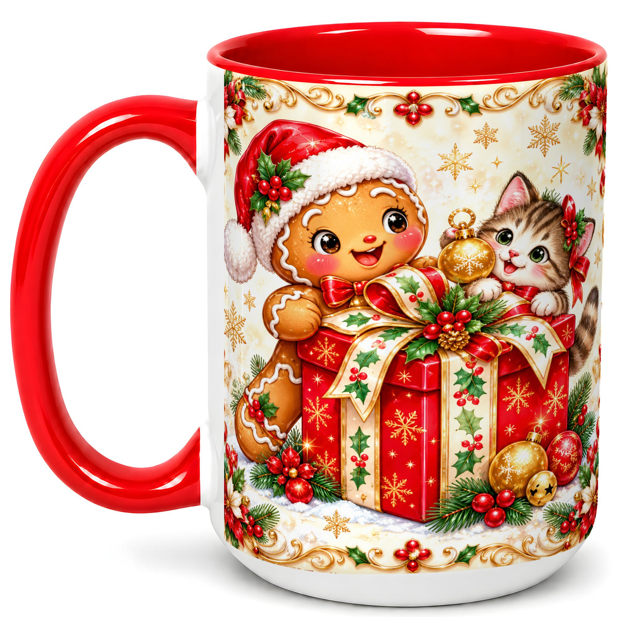#pl[15oz|Red] Gingerbread Cat Christmas Coffee Mug, Holiday Friends Mug, Ceramic Cup