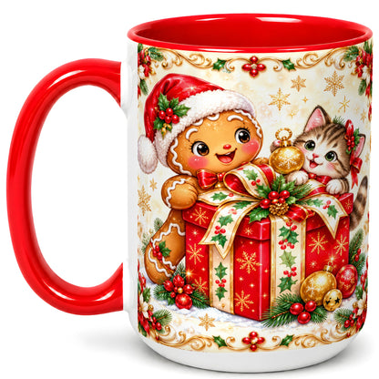 #pl[15oz|Red] Gingerbread Cat Christmas Coffee Mug, Holiday Friends Mug, Ceramic Cup
