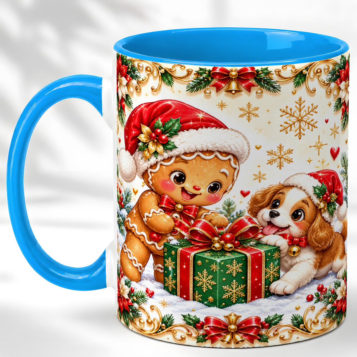 #pl[11oz|Blue] Gingerbread Dog Christmas Coffee Mug, Holiday Friends Mug, Ceramic Cup