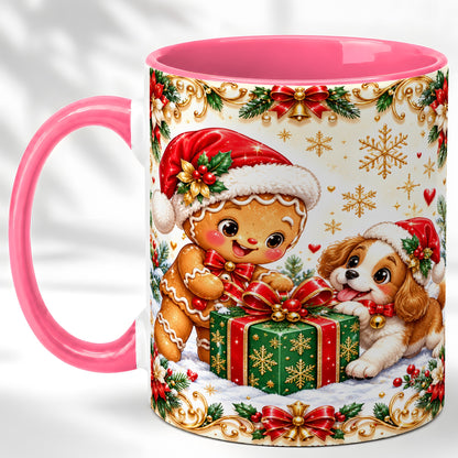 #pl[11oz|Pink] Gingerbread Dog Christmas Coffee Mug, Holiday Friends Mug, Ceramic Cup