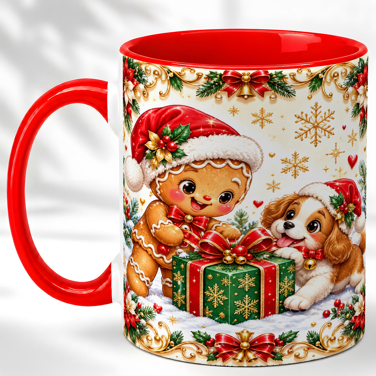 Gingerbread Dog Christmas Coffee Mug, Holiday Friends Mug, Ceramic Cup