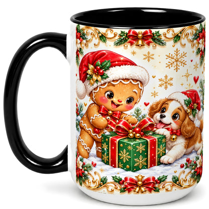 #pl[15oz|Black] Gingerbread Dog Christmas Coffee Mug, Holiday Friends Mug, Ceramic Cup