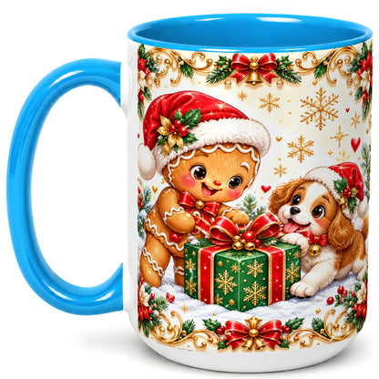 #pl[15oz|Blue] Gingerbread Dog Christmas Coffee Mug, Holiday Friends Mug, Ceramic Cup