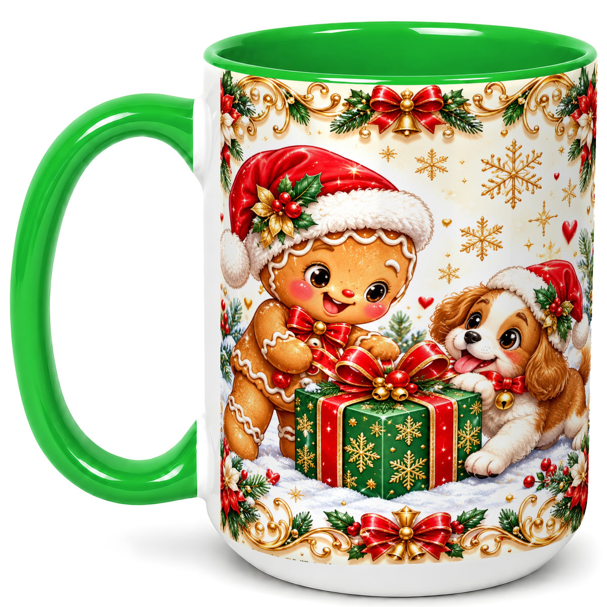 #pl[15oz|Green] Gingerbread Dog Christmas Coffee Mug, Holiday Friends Mug, Ceramic Cup
