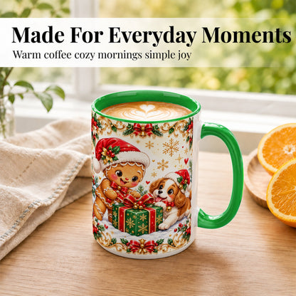 #pl[15oz|Green] Gingerbread Dog Christmas Coffee Mug, Holiday Friends Mug, Ceramic Cup