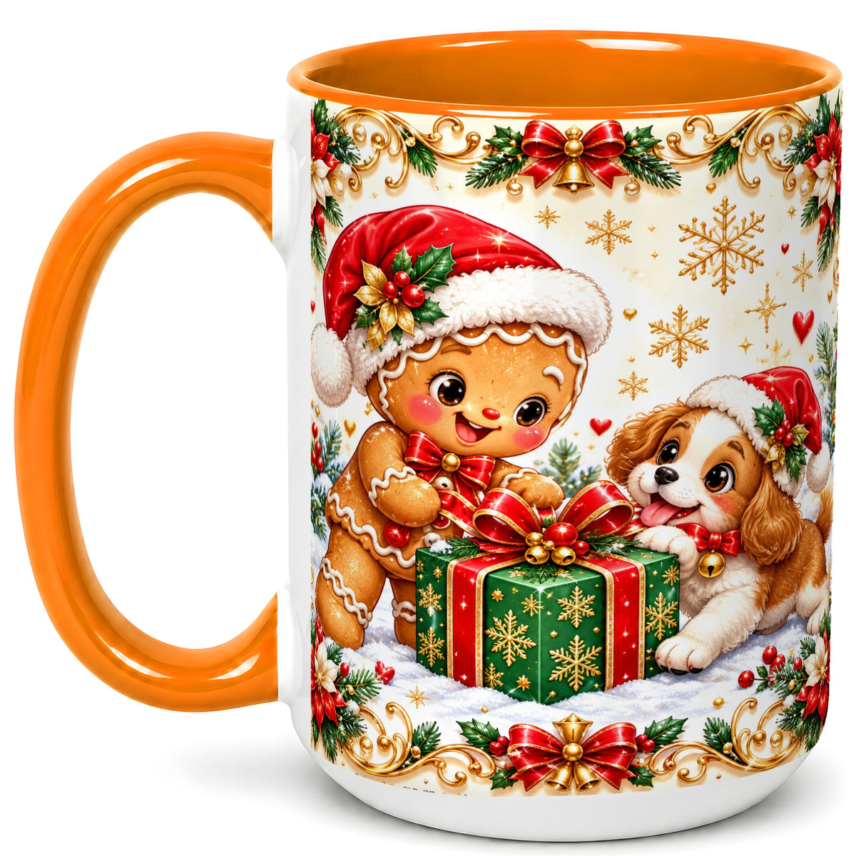 #pl[15oz|Orange] Gingerbread Dog Christmas Coffee Mug, Holiday Friends Mug, Ceramic Cup