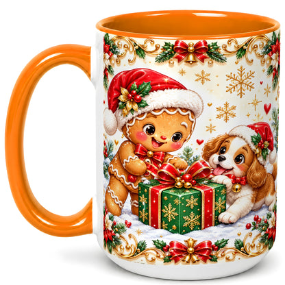 #pl[15oz|Orange] Gingerbread Dog Christmas Coffee Mug, Holiday Friends Mug, Ceramic Cup