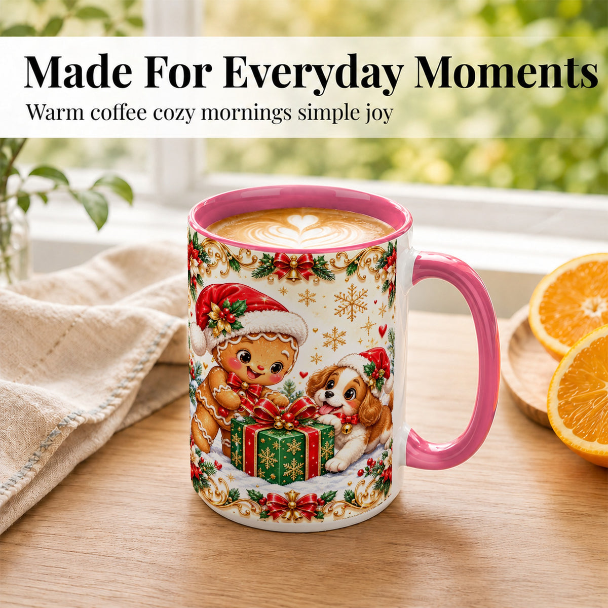 #pl[15oz|Pink] Gingerbread Dog Christmas Coffee Mug, Holiday Friends Mug, Ceramic Cup