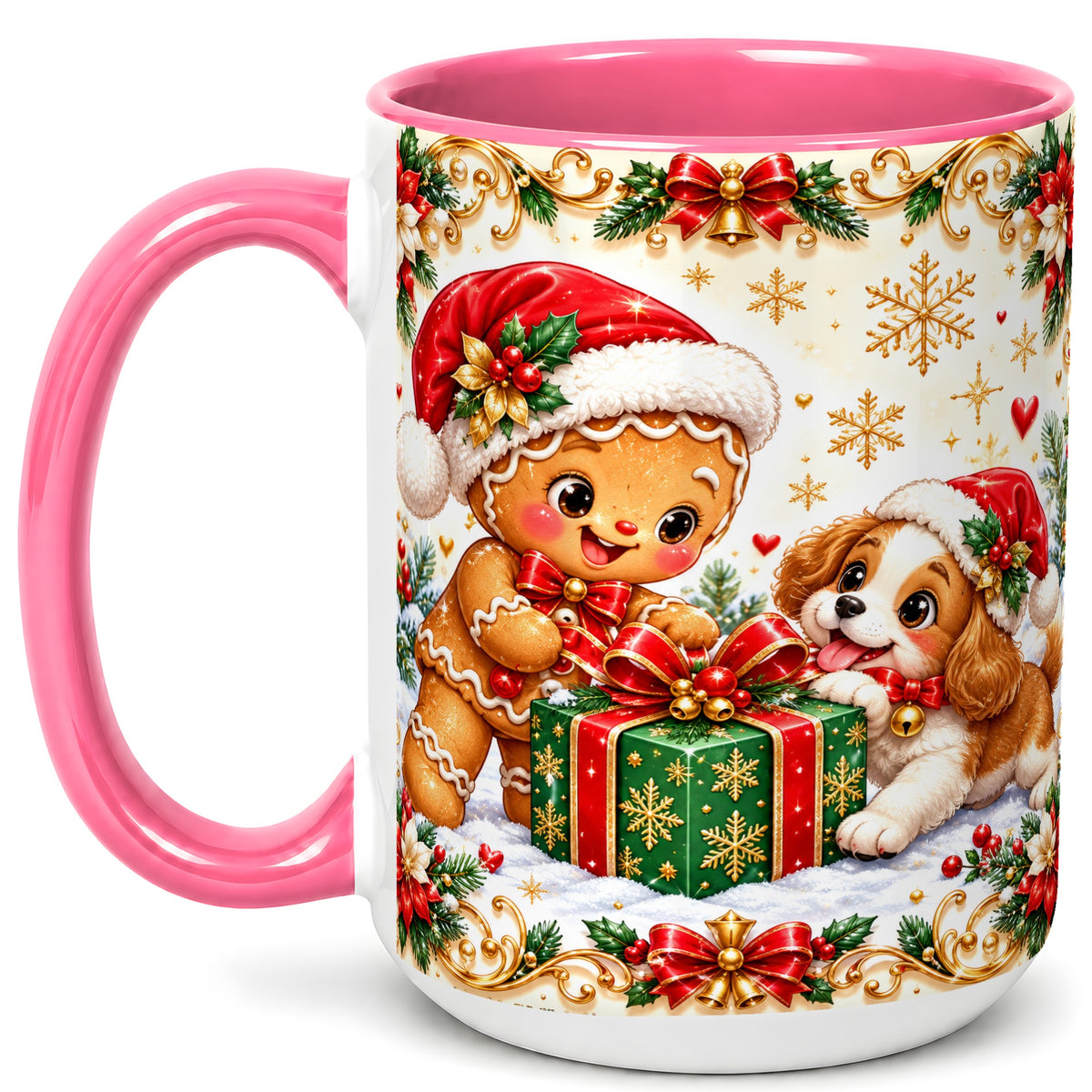 #pl[15oz|Pink] Gingerbread Dog Christmas Coffee Mug, Holiday Friends Mug, Ceramic Cup