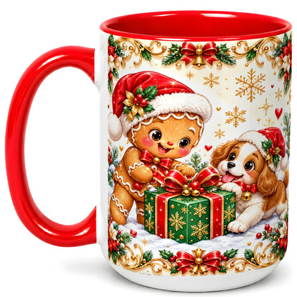 #pl[15oz|Red] Gingerbread Dog Christmas Coffee Mug, Holiday Friends Mug, Ceramic Cup