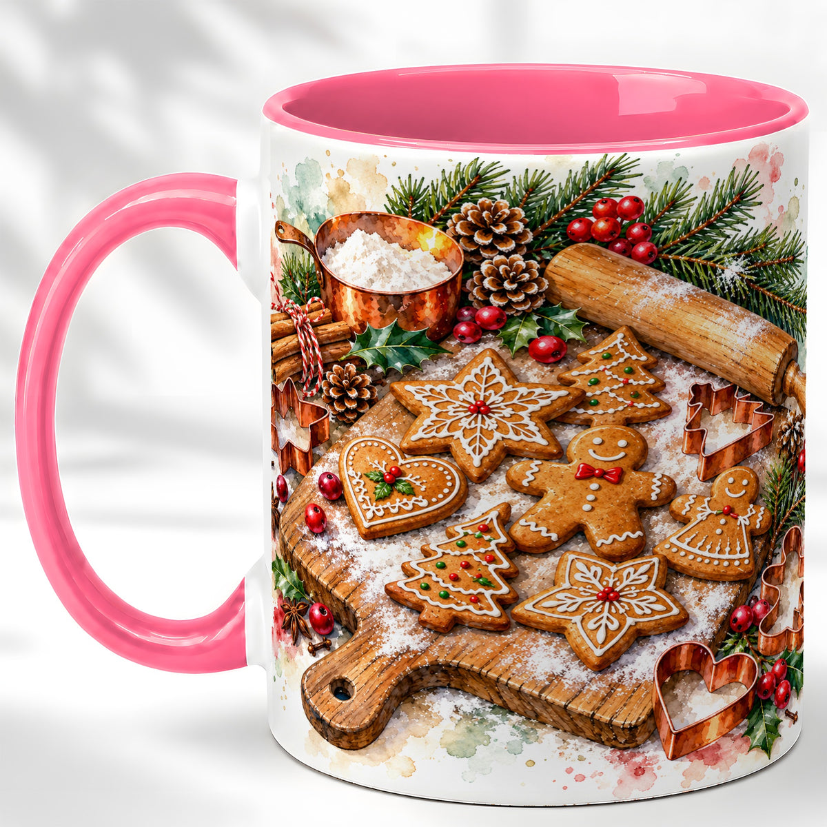 #pl[11oz|Pink] Christmas Baking Coffee Mug, Gingerbread Cookie Mug, Ceramic Cup
