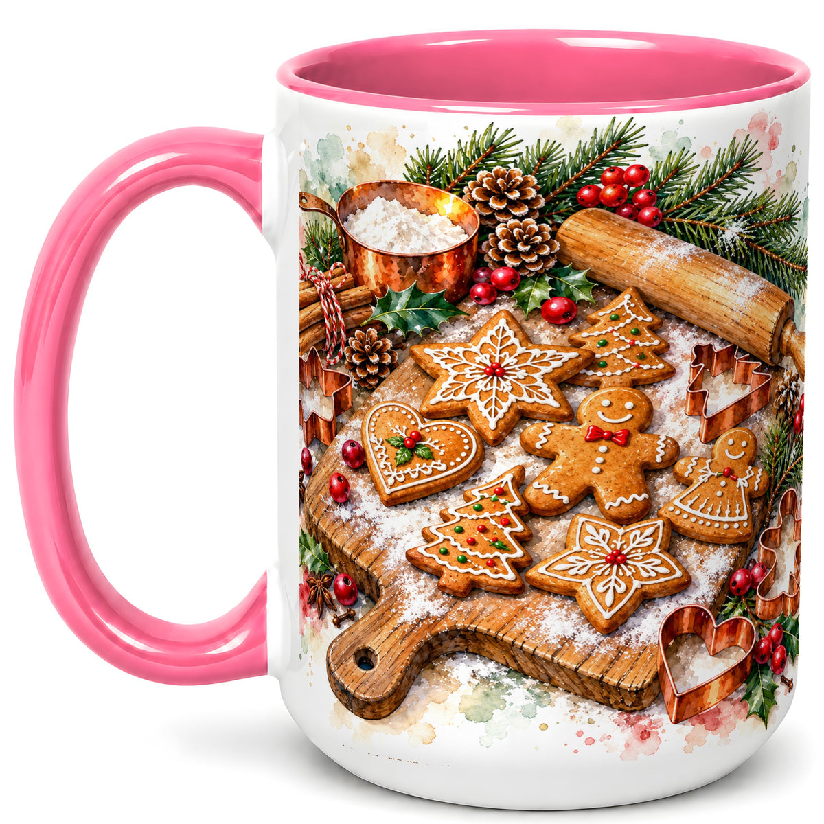 #pl[15oz|Pink] Christmas Baking Coffee Mug, Gingerbread Cookie Mug, Ceramic Cup