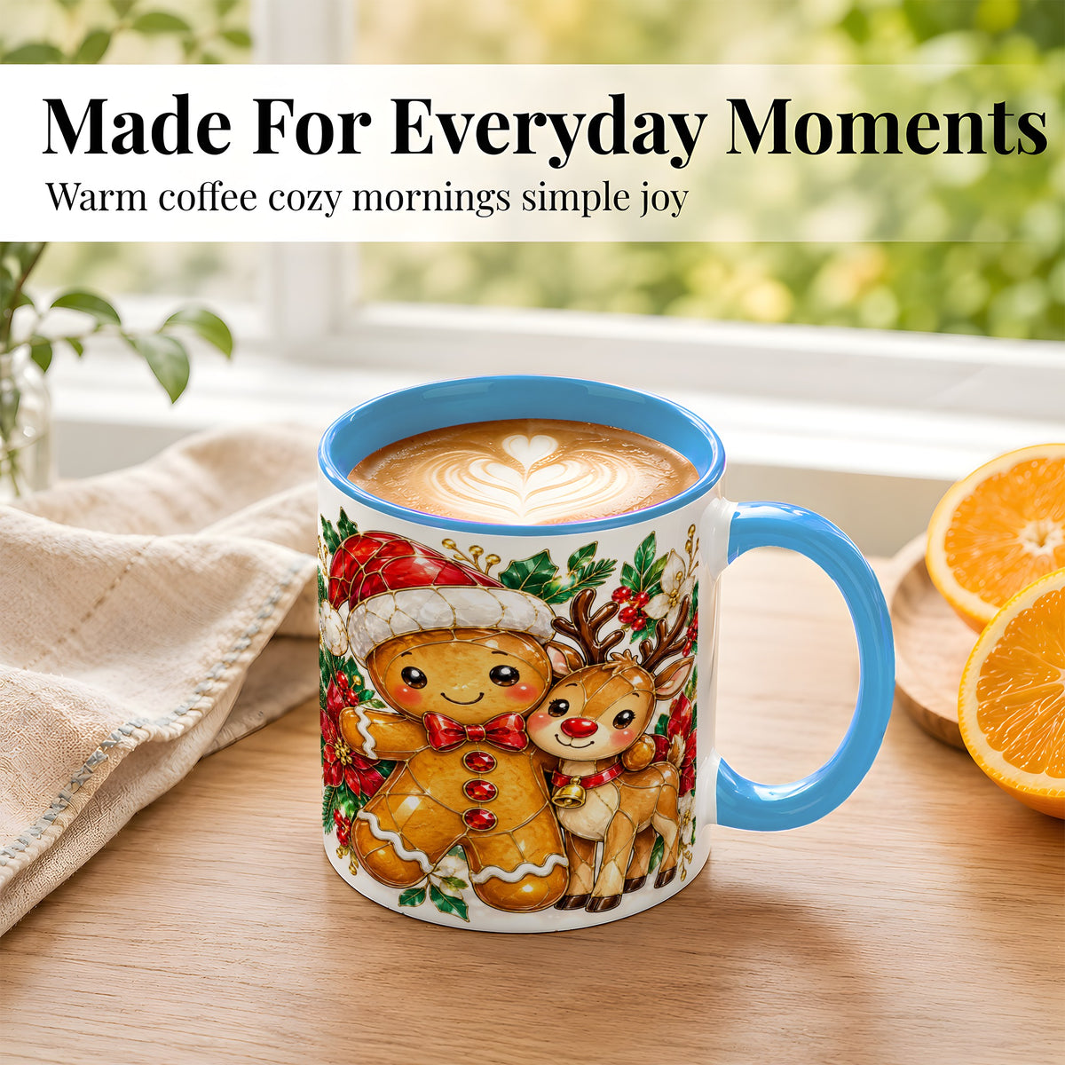#pl[11oz|Blue] Gingerbread Reindeer Coffee Mug, Christmas Friends Mug, Ceramic Cup