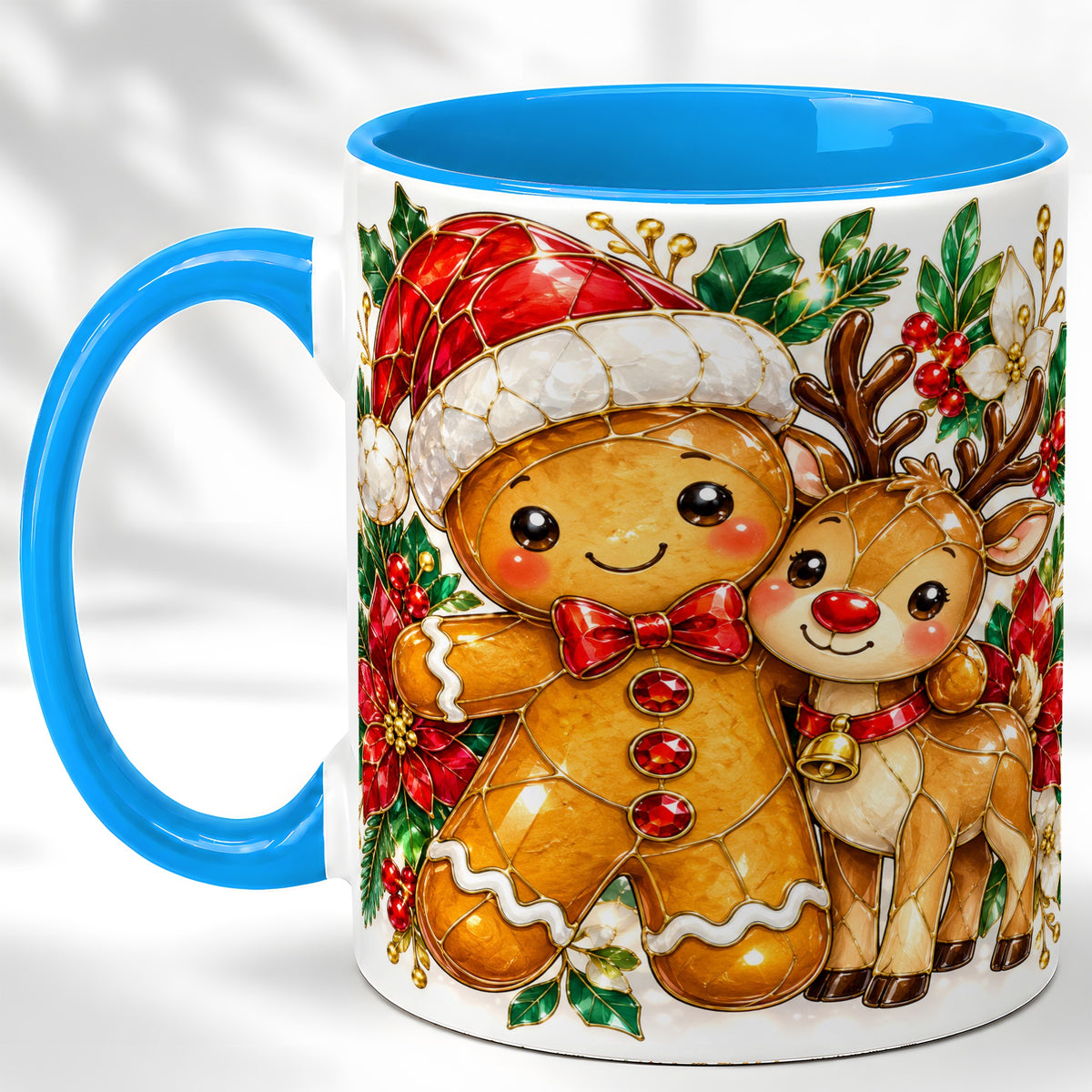 #pl[11oz|Blue] Gingerbread Reindeer Coffee Mug, Christmas Friends Mug, Ceramic Cup