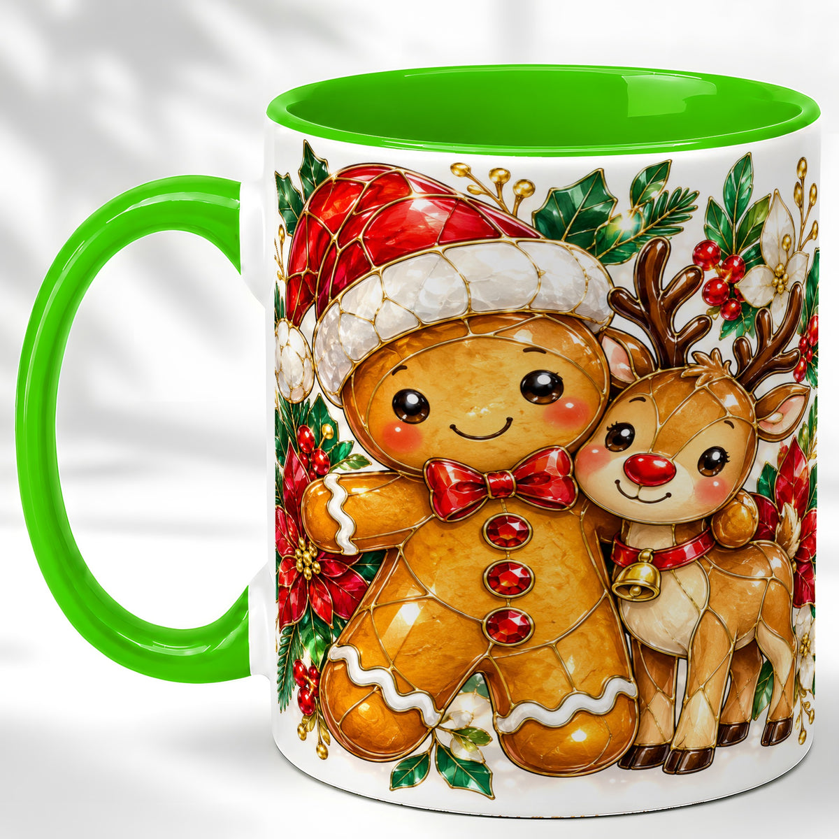 #pl[11oz|Green] Gingerbread Reindeer Coffee Mug, Christmas Friends Mug, Ceramic Cup