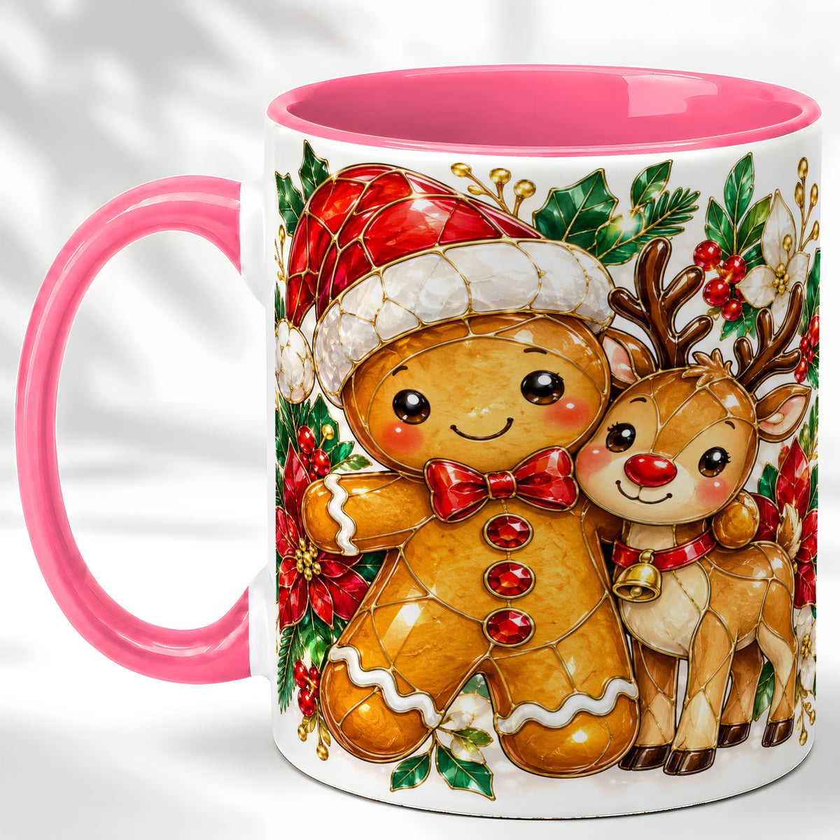 #pl[11oz|Pink] Gingerbread Reindeer Coffee Mug, Christmas Friends Mug, Ceramic Cup