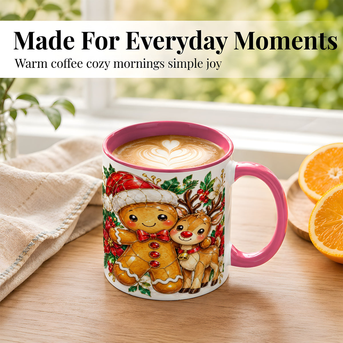 #pl[11oz|Pink] Gingerbread Reindeer Coffee Mug, Christmas Friends Mug, Ceramic Cup