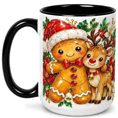 #pl[15oz|Black] Gingerbread Reindeer Coffee Mug, Christmas Friends Mug, Ceramic Cup