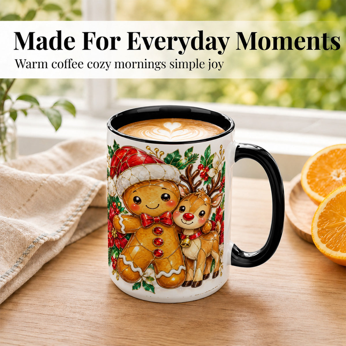#pl[15oz|Black] Gingerbread Reindeer Coffee Mug, Christmas Friends Mug, Ceramic Cup