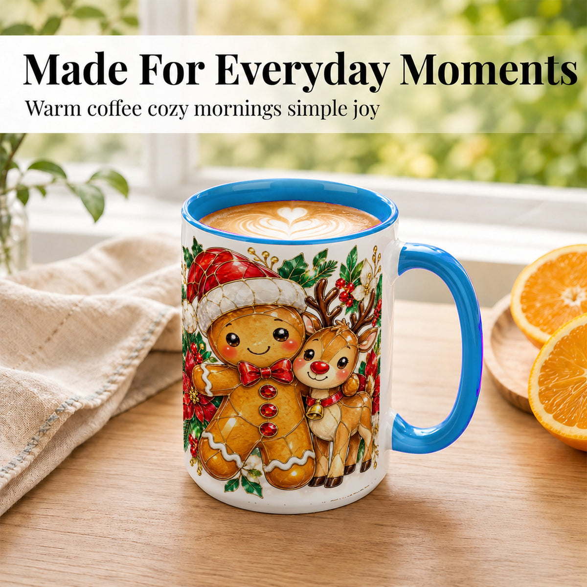 #pl[15oz|Blue] Gingerbread Reindeer Coffee Mug, Christmas Friends Mug, Ceramic Cup