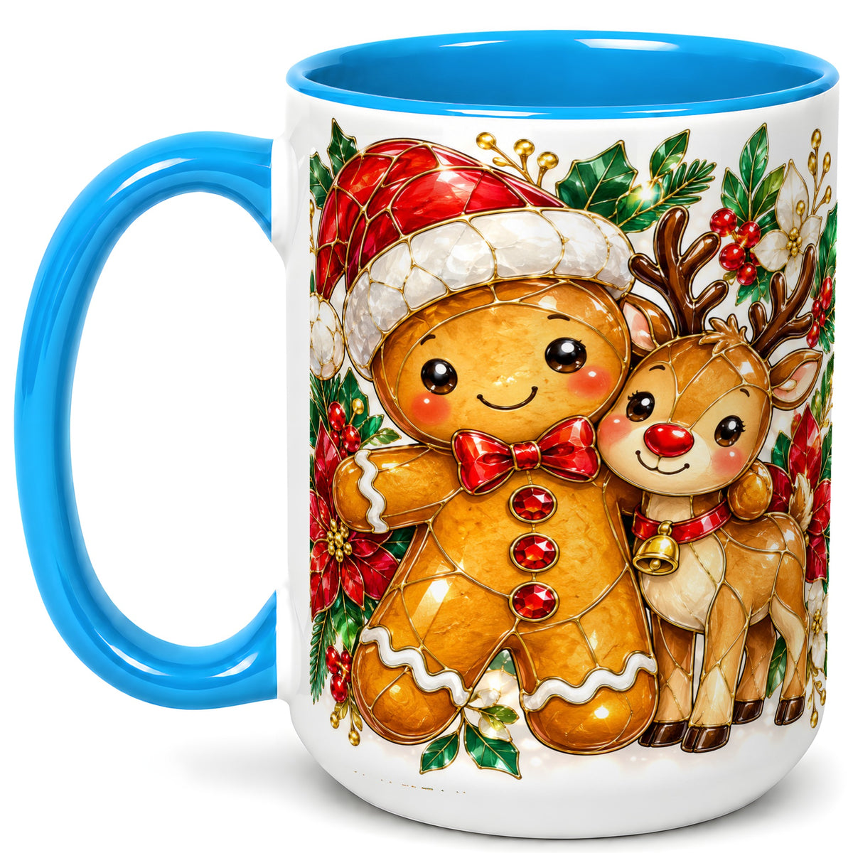 #pl[15oz|Blue] Gingerbread Reindeer Coffee Mug, Christmas Friends Mug, Ceramic Cup