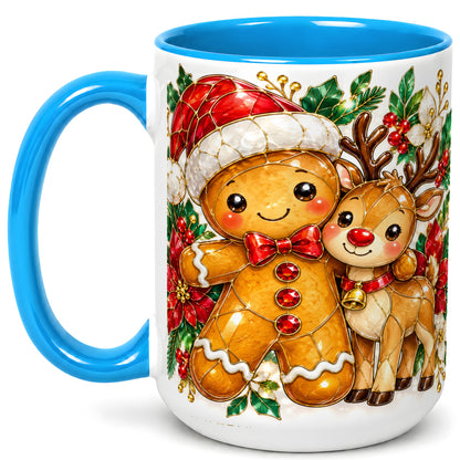 #pl[15oz|Blue] Gingerbread Reindeer Coffee Mug, Christmas Friends Mug, Ceramic Cup