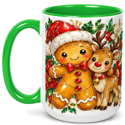#pl[15oz|Green] Gingerbread Reindeer Coffee Mug, Christmas Friends Mug, Ceramic Cup