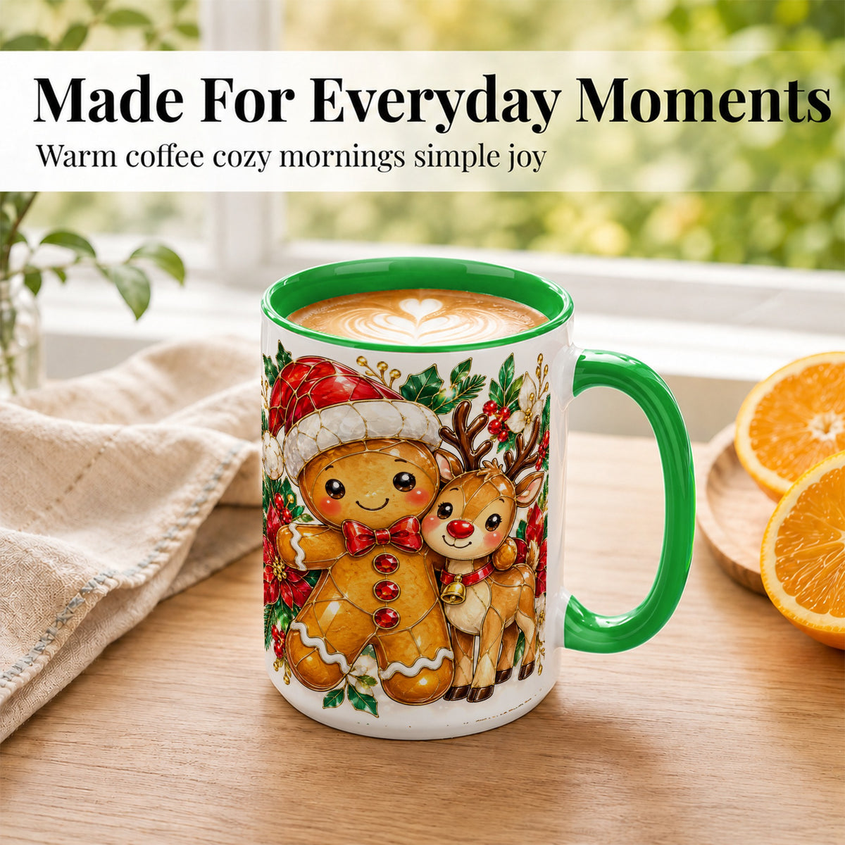#pl[15oz|Green] Gingerbread Reindeer Coffee Mug, Christmas Friends Mug, Ceramic Cup
