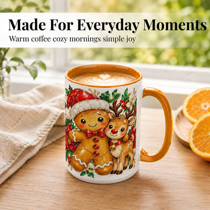 #pl[15oz|Orange] Gingerbread Reindeer Coffee Mug, Christmas Friends Mug, Ceramic Cup