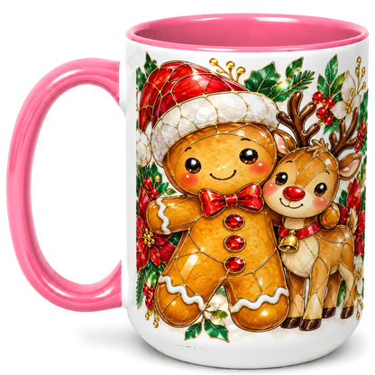 #pl[15oz|Pink] Gingerbread Reindeer Coffee Mug, Christmas Friends Mug, Ceramic Cup