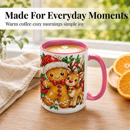 #pl[15oz|Pink] Gingerbread Reindeer Coffee Mug, Christmas Friends Mug, Ceramic Cup