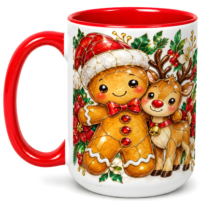 #pl[15oz|Red] Gingerbread Reindeer Coffee Mug, Christmas Friends Mug, Ceramic Cup