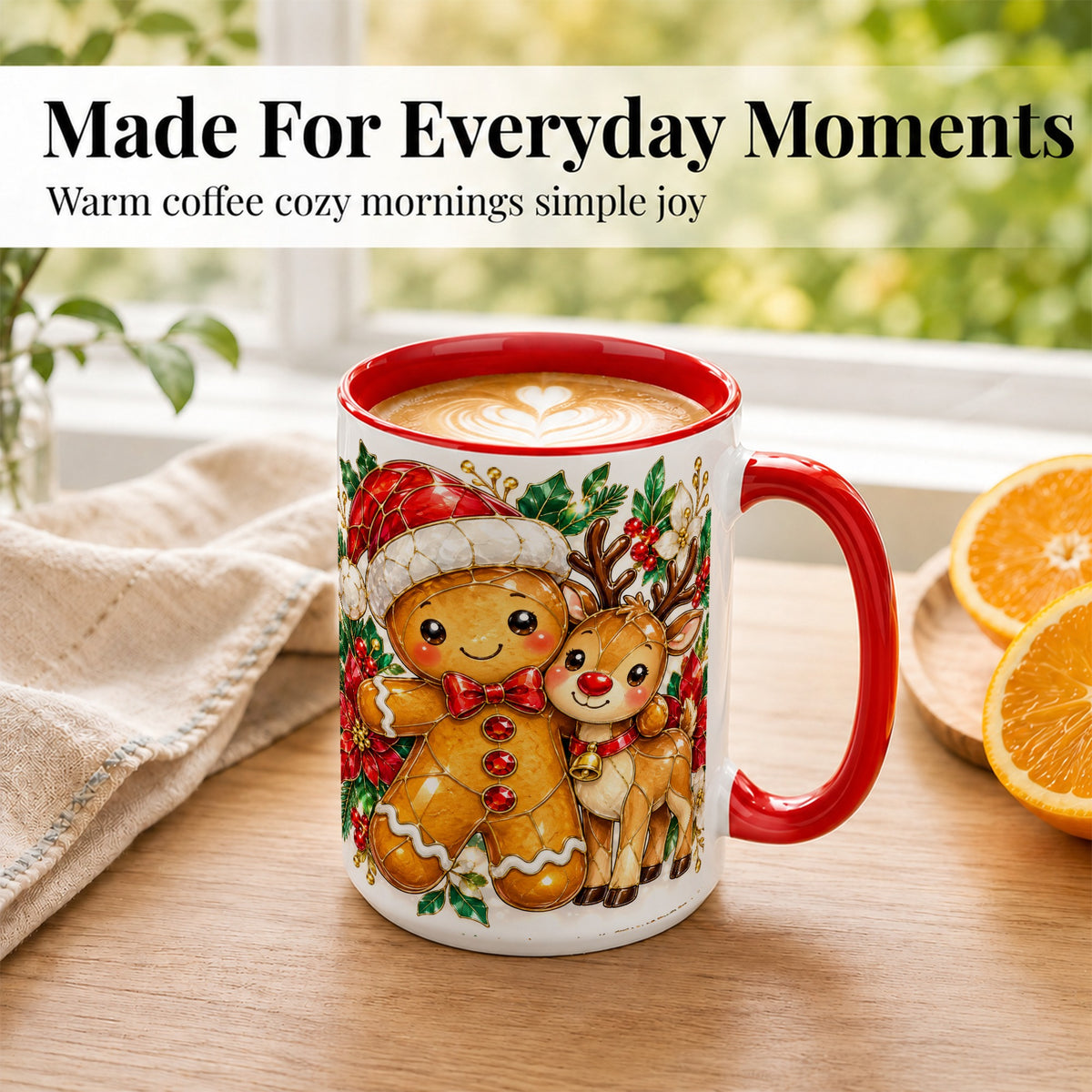 #pl[15oz|Red] Gingerbread Reindeer Coffee Mug, Christmas Friends Mug, Ceramic Cup