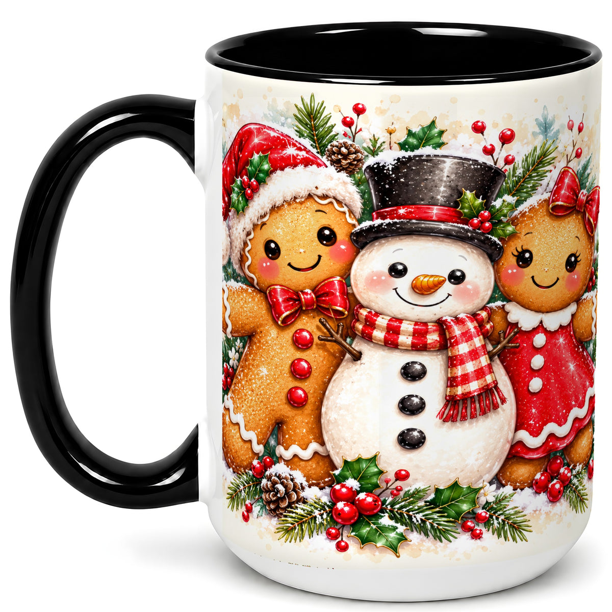 #pl[15oz|Black] Gingerbread Snowman Coffee Mug, Christmas Cookie Mug, Ceramic Cup