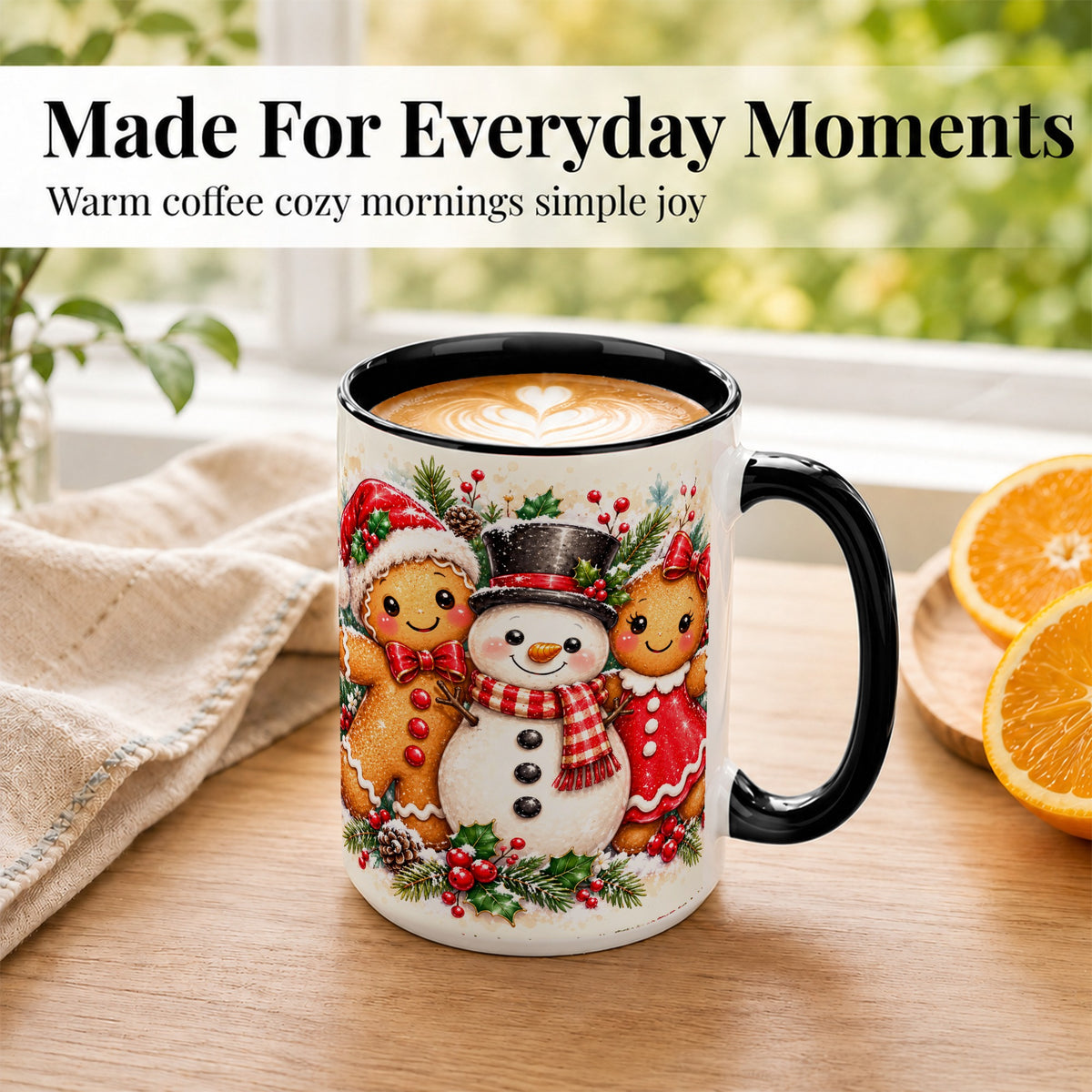 #pl[15oz|Black] Gingerbread Snowman Coffee Mug, Christmas Cookie Mug, Ceramic Cup