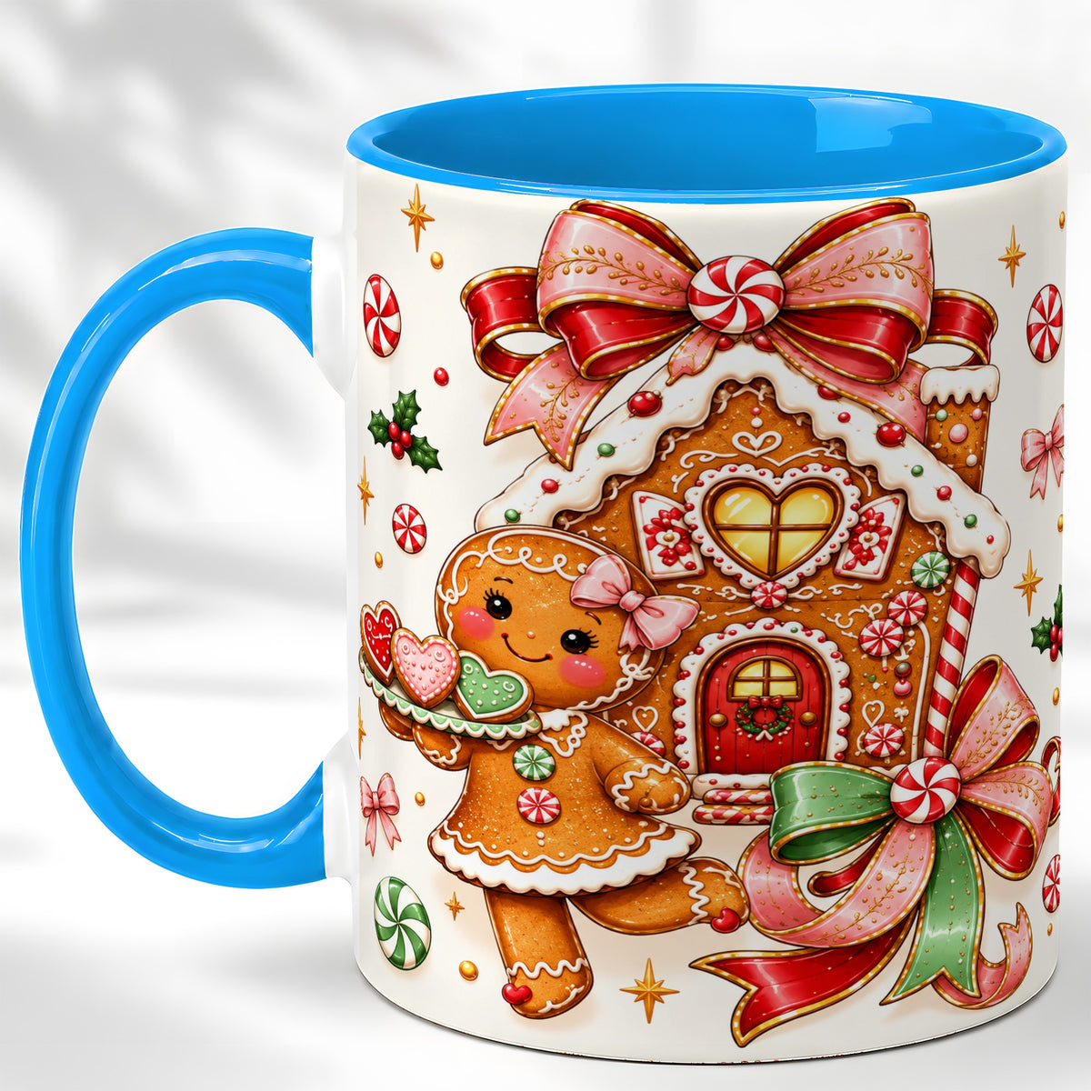 #pl[11oz|Blue] Gingerbread House Coffee Mug, Christmas Cookie Mug, Ceramic Cup