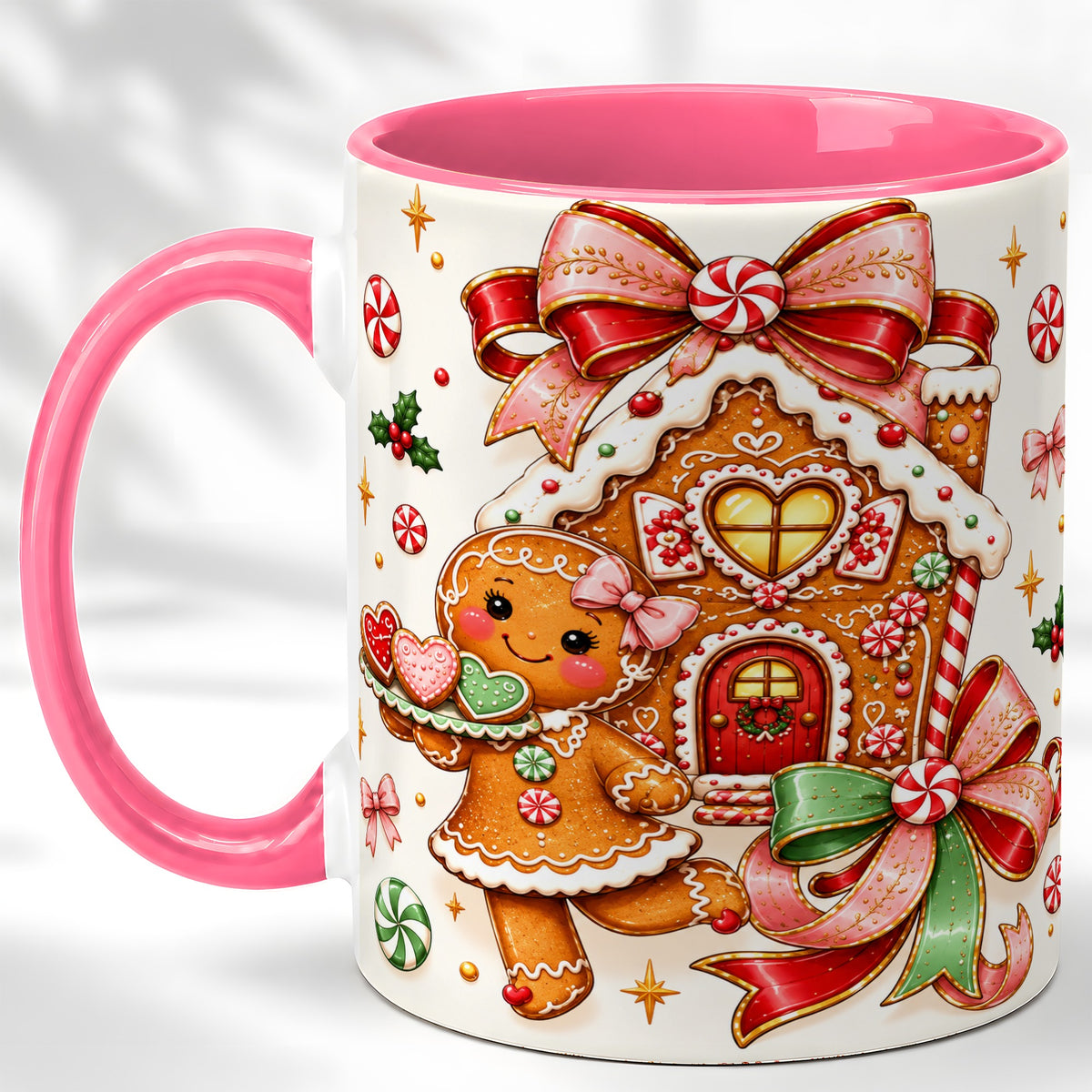 #pl[11oz|Pink] Gingerbread House Coffee Mug, Christmas Cookie Mug, Ceramic Cup