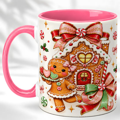 #pl[11oz|Pink] Gingerbread House Coffee Mug, Christmas Cookie Mug, Ceramic Cup