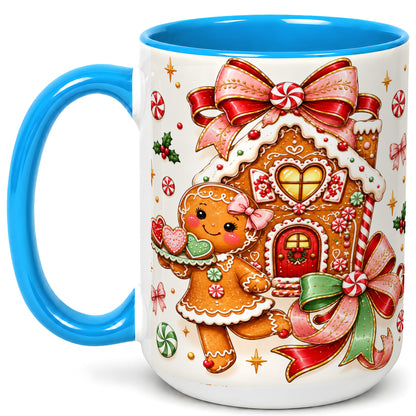 #pl[15oz|Blue] Gingerbread House Coffee Mug, Christmas Cookie Mug, Ceramic Cup
