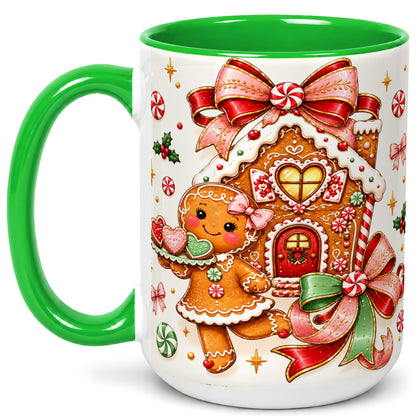 #pl[15oz|Green] Gingerbread House Coffee Mug, Christmas Cookie Mug, Ceramic Cup