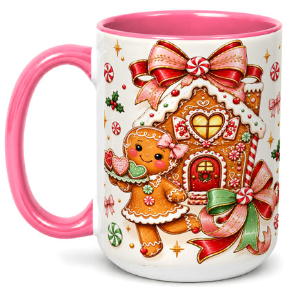 #pl[15oz|Pink] Gingerbread House Coffee Mug, Christmas Cookie Mug, Ceramic Cup