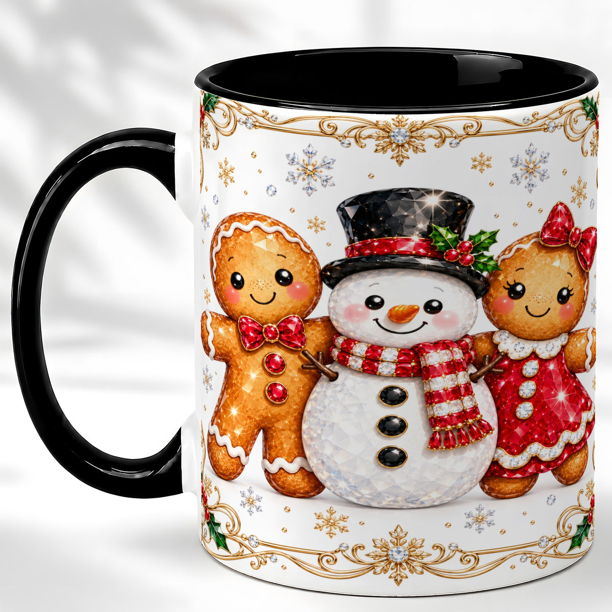 #pl[11oz|Black] Gingerbread Snowman Coffee Mug, Jeweled Christmas Mug, Ceramic Cup