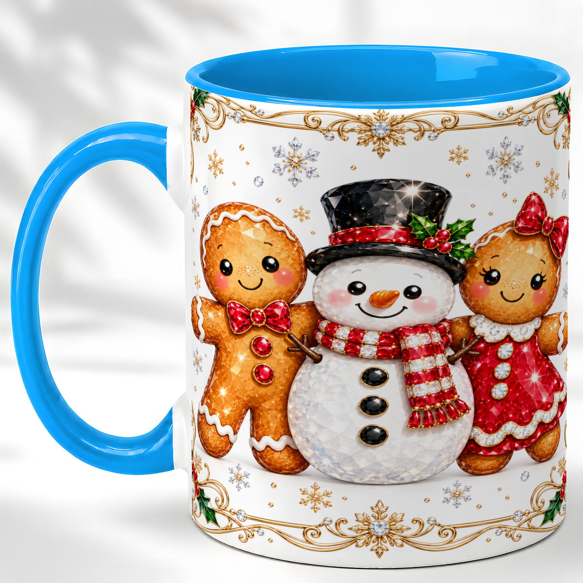 #pl[11oz|Blue] Gingerbread Snowman Coffee Mug, Jeweled Christmas Mug, Ceramic Cup
