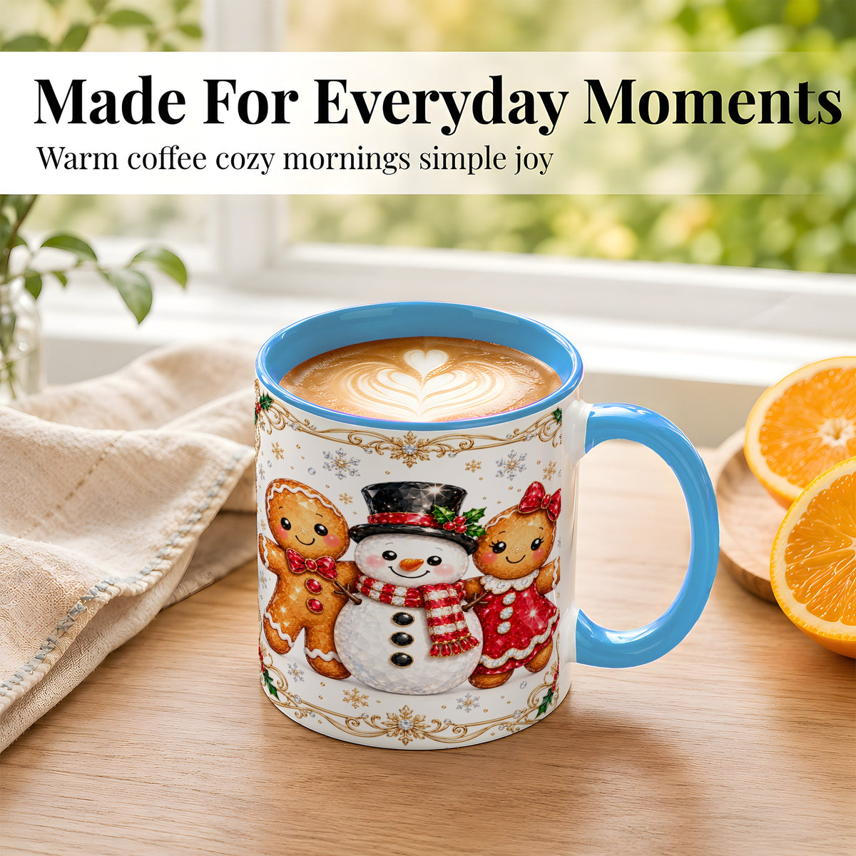 #pl[11oz|Blue] Gingerbread Snowman Coffee Mug, Jeweled Christmas Mug, Ceramic Cup